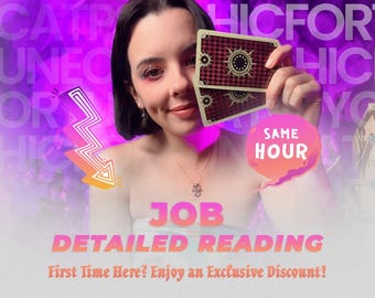 May include: A woman holding two tarot cards with a burgundy and gold design. The image has a purple background with the words "PSYCHIC FORTUNE" and "JOB DETAILED READING". Text also includes "SAME HOUR" and "First Time Here? Enjoy an Exclusive Discount!"