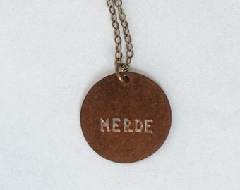 Antiqued Brass MERDE Stamped Pendant Necklace on Brass Chain