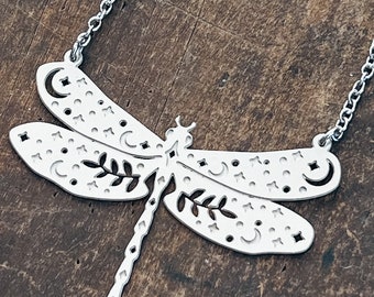 Dragonfly Moon and Stars Celestial Laser Cut Stainless Steel Necklace