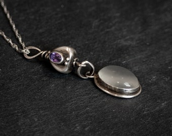 The Janus Necklace Sterling Silver Metalsmith Silversmith Amethyst + Quartz Pendant on Surgical Steel Chain