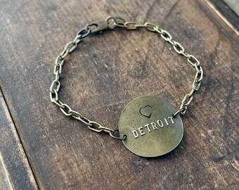 Detroit Stamped Delicate Chain Metalsmith Bracelet Antique Brass