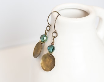 Blue Green Crystal and Hammered Domed Brass Earrings