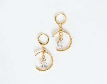 Gold Crystal Half Circle Moon Earrings