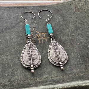 Turquoise Blue Howlite Tube Bead and Silver Drop Dangle Earrings Boho Style image 5