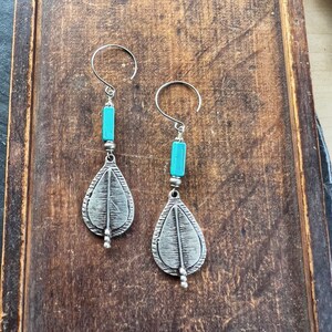 Turquoise Blue Howlite Tube Bead and Silver Drop Dangle Earrings Boho Style image 2