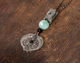The Pisces Necklace Sterling Silver Metalsmith Silversmith Prehnite Faceted Stone and Onyx Double Fish Pendant