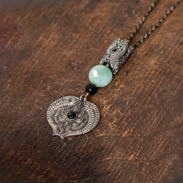 The Pisces Necklace Sterling Silver Metalsmith Silversmith Prehnite Faceted Stone and Onyx Double Fish Pendant