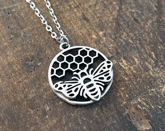 Bee on Hive Honey Silver Pendant Stainless Steel Necklace Nature Lover