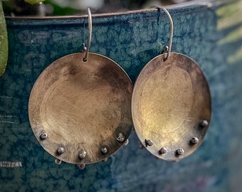 Hand Forged Hammered Mixed Metals Sterling Silver and Antique Brass Earrings