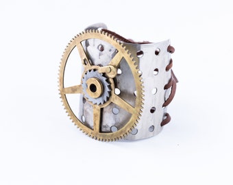 Steampunk Metal Cuff Made From Vintage Erector Set and Clock Parts