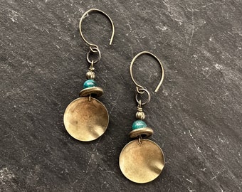 Blue Green Agate Stone and Antiqued Brass Bowl Earrings