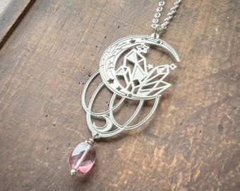 Celestial Crystal Crescent Moon Laser Cut Pendant with Faceted Pink Crystal Stainless Steel