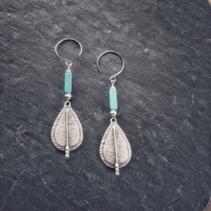 Turquoise Blue Howlite Tube Bead and Silver Drop Dangle Earrings Boho Style image 6