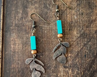 Blue Magnesite Stones and Antiqued Brass Leaf Earrings