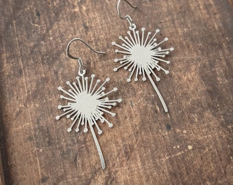 Dandelion Flower on Stem Silver Laser Cut Lightweight Earrings Stainless Steel