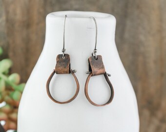 Hand Forged Antiqued Copper and Sterling Silver Earrings