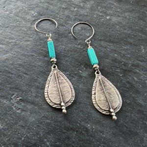 Turquoise Blue Howlite Tube Bead and Silver Drop Dangle Earrings Boho Style image 1