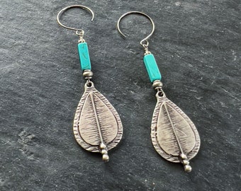 Turquoise Blue Howlite Tube Bead and Silver Drop Dangle Earrings Boho Style