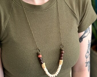 Natural Beaded Wood, Howlite Stone, Brass Mala Long Boho Necklace