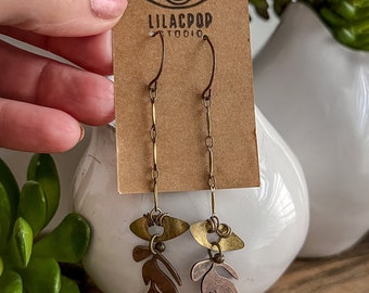 Leaf and Vintage Machine Parts Antique Brass Dangle Earrings