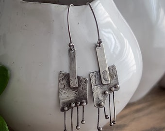 Hand Forged Hammered Sterling Silver Geometric Dangle Earrings