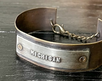 Michigan Cuff Bracelet Antiqued Brass and Stamped Stainless Steel Adjustable