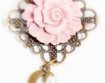 Vintage Rose Flower Brooch with Antiqued Bronze Filigree Backing