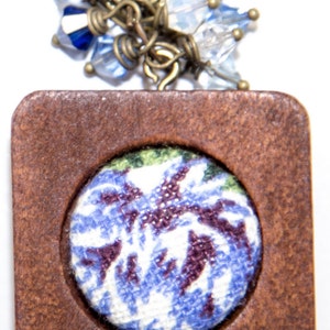 Blue MeadowFabric Button Necklace in Wood Frame with Swarovski Crystal and Antique Bronze Accents image 4