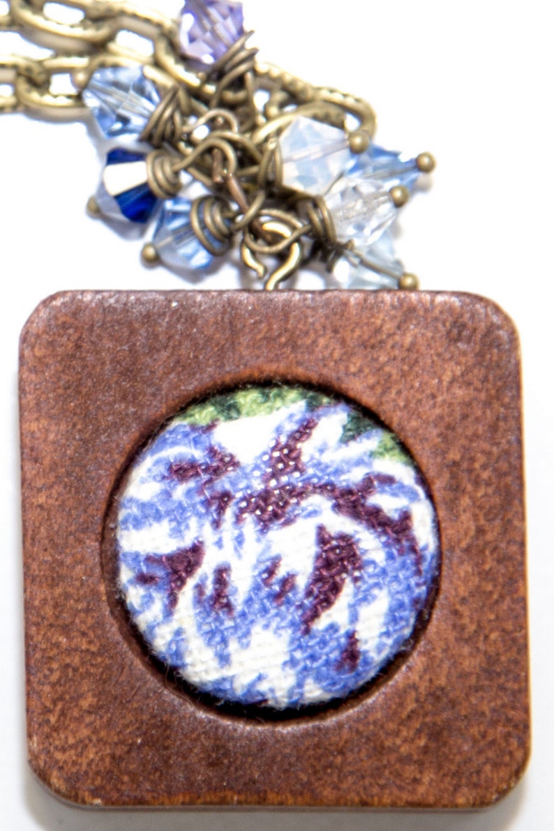 Blue MeadowFabric Button Necklace in Wood Frame with Swarovski Crystal and Antique Bronze Accents image 4