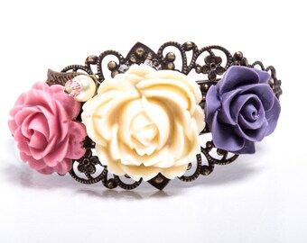 Victorian Garden Filigree and Resin Rose Antiqued Brass Cuff with Swarovski Crystals & Pearls