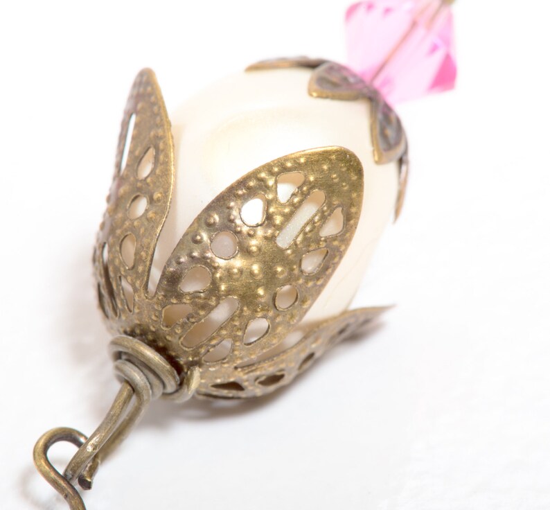 Antiqued Bronze Earrings with Vintage Pearls and Swarovski Crystals,Pearl Earrings, Pink Crystal Earrings, Vintage Style Earrings image 2