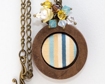 Yellow and Blue Fabric Button in Wooden Frame With Swarovski Crystals and Pearls and Antiqued Bronze Finding