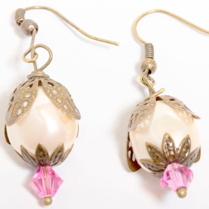 Antiqued Bronze Earrings with Vintage Pearls and Swarovski Crystals,Pearl Earrings, Pink Crystal Earrings, Vintage Style Earrings image 1