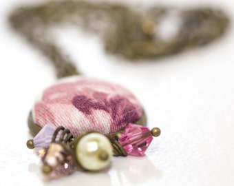 Simply Pink Roses Fabric Button Necklace with Vintage Style Accents, Swarovski Crystals, Pearls