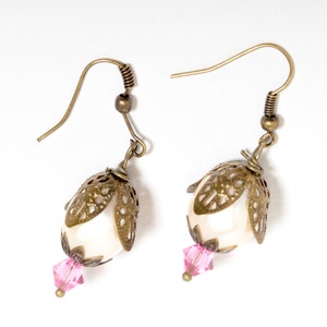 Antiqued Bronze Earrings with Vintage Pearls and Swarovski Crystals,Pearl Earrings, Pink Crystal Earrings, Vintage Style Earrings image 4