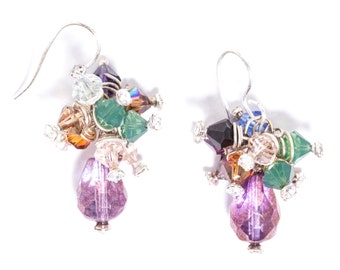 Fields of Lavender  Czech Glass and Swarovski Crystal Sterling Silver Wire Wrapped Earrings