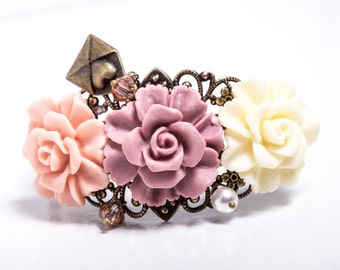 Love Letter Resin Rose and Antiqued Bronze Filigree Cuff