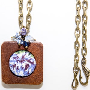 Blue MeadowFabric Button Necklace in Wood Frame with Swarovski Crystal and Antique Bronze Accents image 3