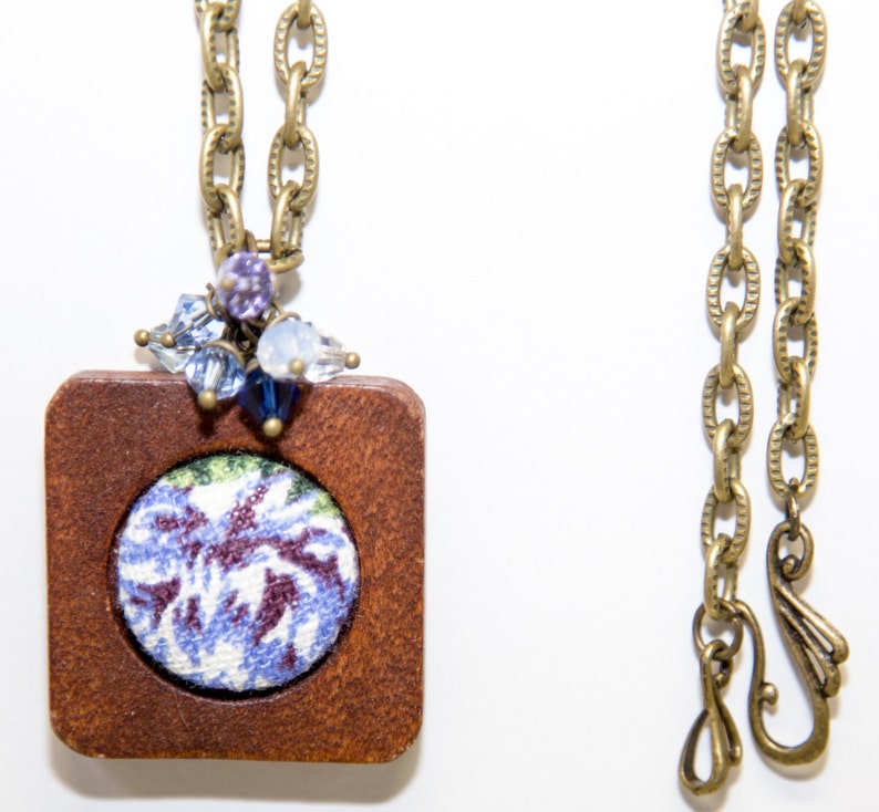 Blue MeadowFabric Button Necklace in Wood Frame with Swarovski Crystal and Antique Bronze Accents image 3