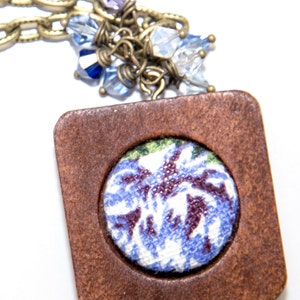 Blue MeadowFabric Button Necklace in Wood Frame with Swarovski Crystal and Antique Bronze Accents image 2