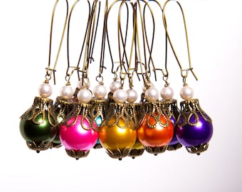 Vintage Style Czech Glass Pearl Earrings in Teal, Olive, Purple, Orange, Pink,  and Sunny Yellow