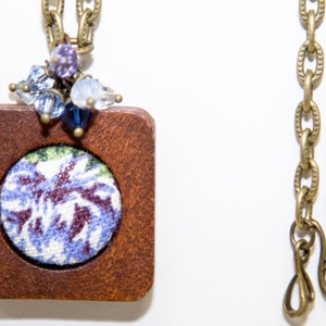 Blue MeadowFabric Button Necklace in Wood Frame with Swarovski Crystal and Antique Bronze Accents image 5