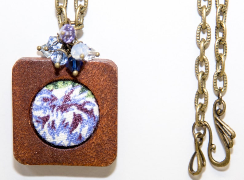 Blue MeadowFabric Button Necklace in Wood Frame with Swarovski Crystal and Antique Bronze Accents image 5