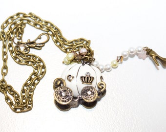 Cinderella's Ride Vintage Style Necklace with Swarovski Crystal and Pearl, Lucite, and Antique Bronze Accents