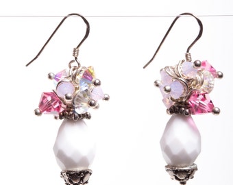 Confetti Czech Glass Milky White Glass with Pink and White Swarovski Crystal Sterling Silver Wire Wrapped Earrings