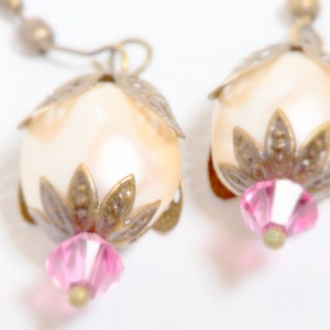 Antiqued Bronze Earrings with Vintage Pearls and Swarovski Crystals,Pearl Earrings, Pink Crystal Earrings, Vintage Style Earrings image 3