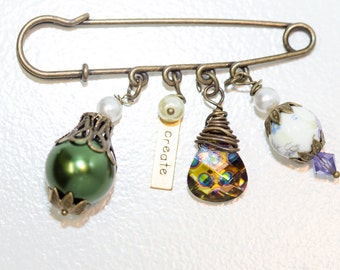 Create Antique Bronze Pin with Glass Pearl, Ceramic Bead and Crystal and Pearl Accents