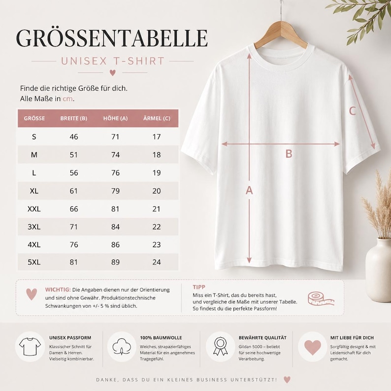 May include: A white unisex t-shirt displayed on a wooden hanger, accompanied by a size chart titled GR&Ouml;SSENTABELLE UNISEX T-SHIRT. The chart lists sizes S through 5XL with corresponding width, height, and sleeve measurements in centimeters.
