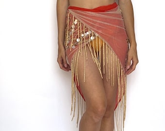Escada Vintage ~ 2000s Orange Beaded & Fringes Wrap Skirt