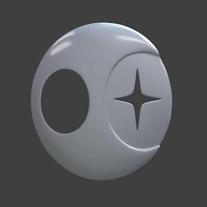 May include: A grey, circular pendant with a crescent moon design, a four-pointed star cutout, and a large circular opening. The pendant has a smooth, reflective surface against a dark grey background.